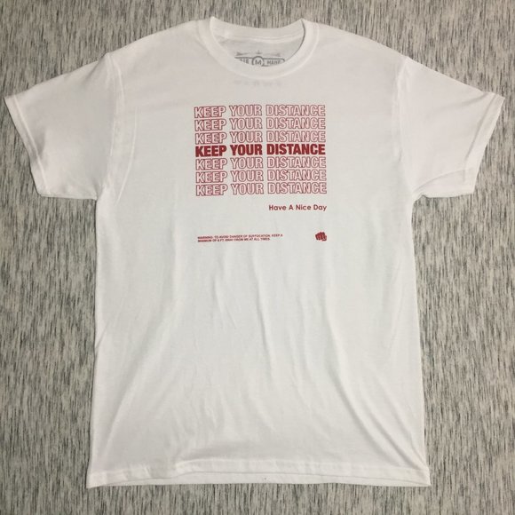 White (w) Hand Printed "KEEP YOUR DISTANCE" Tshirt - Picture 2 of 5